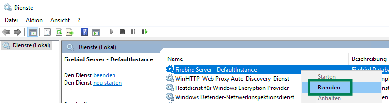 Screenshot Dienste Firebird