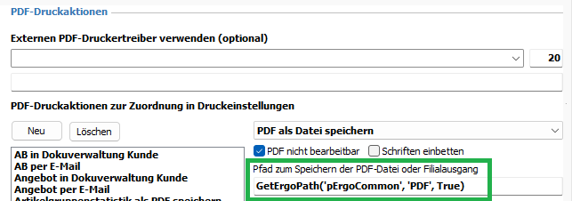 Screenshot Grundeinstellungen PDF-Druckaktionen