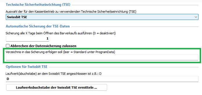 Screenshot Grundeinstellungen TSE-Datensicherung